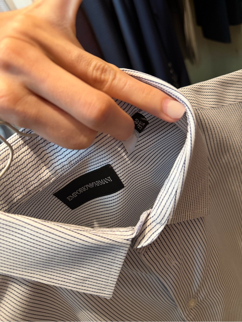 Emporio Armani Men's White Dress Shirt with Fine Navy Stripes